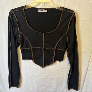 Love J Black Contrast Stitch Corset Style Crop Top Long Sleeve Small